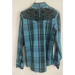 ROAR Men's Teal Black Plaid Embroidered Long Sleeve Button Up Shirt Sz M Y2K